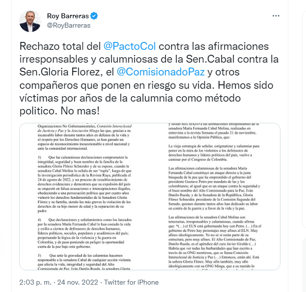 Pronunciamiento de rechazo por parte del Pacto Histórico a declaraciones de María Fernanda Cabal contra el alto comisionado para la Paz y la senadora Gloria Flórez. 
FOTO: vía Twitter (@RoyBarreras)