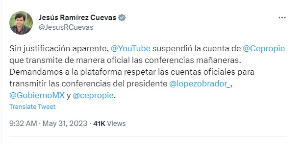 Ramírez Cuevas reportó la suspensión de la cuenta de Cepriope. (Twitter) 