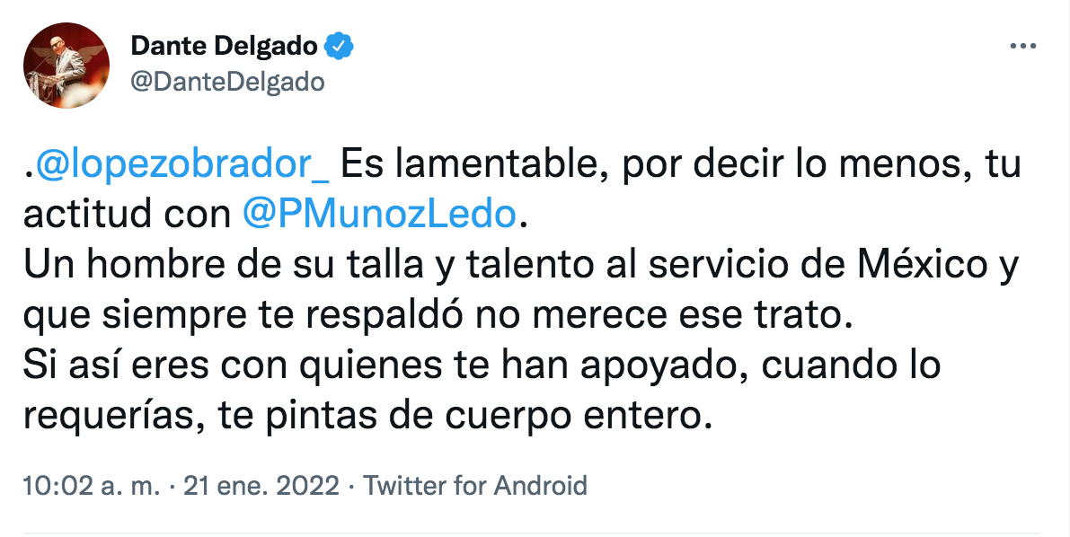 Delgado enalteció la carrera política de Muñoz Ledo (Foto: Twitter/@DanteDelgado)