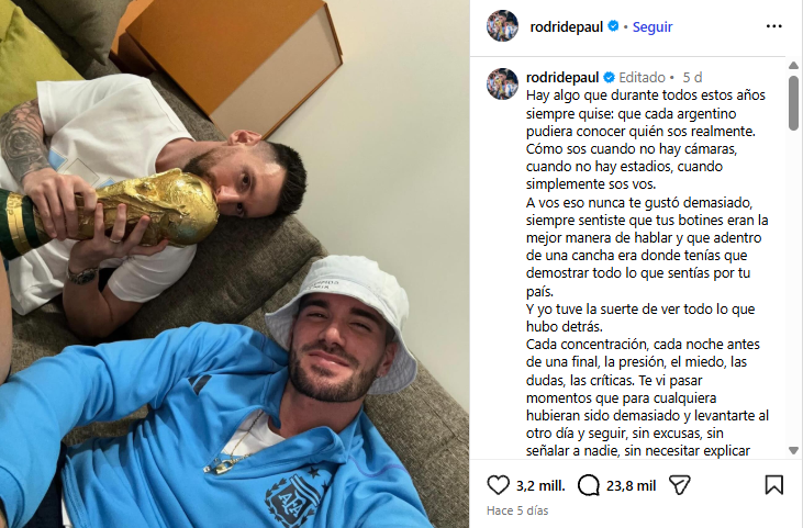 El melanc&oacute;lico mensaje de Rodrigo De Paul por el retiro de Lionel Messi en la selecci&oacute;n argentina