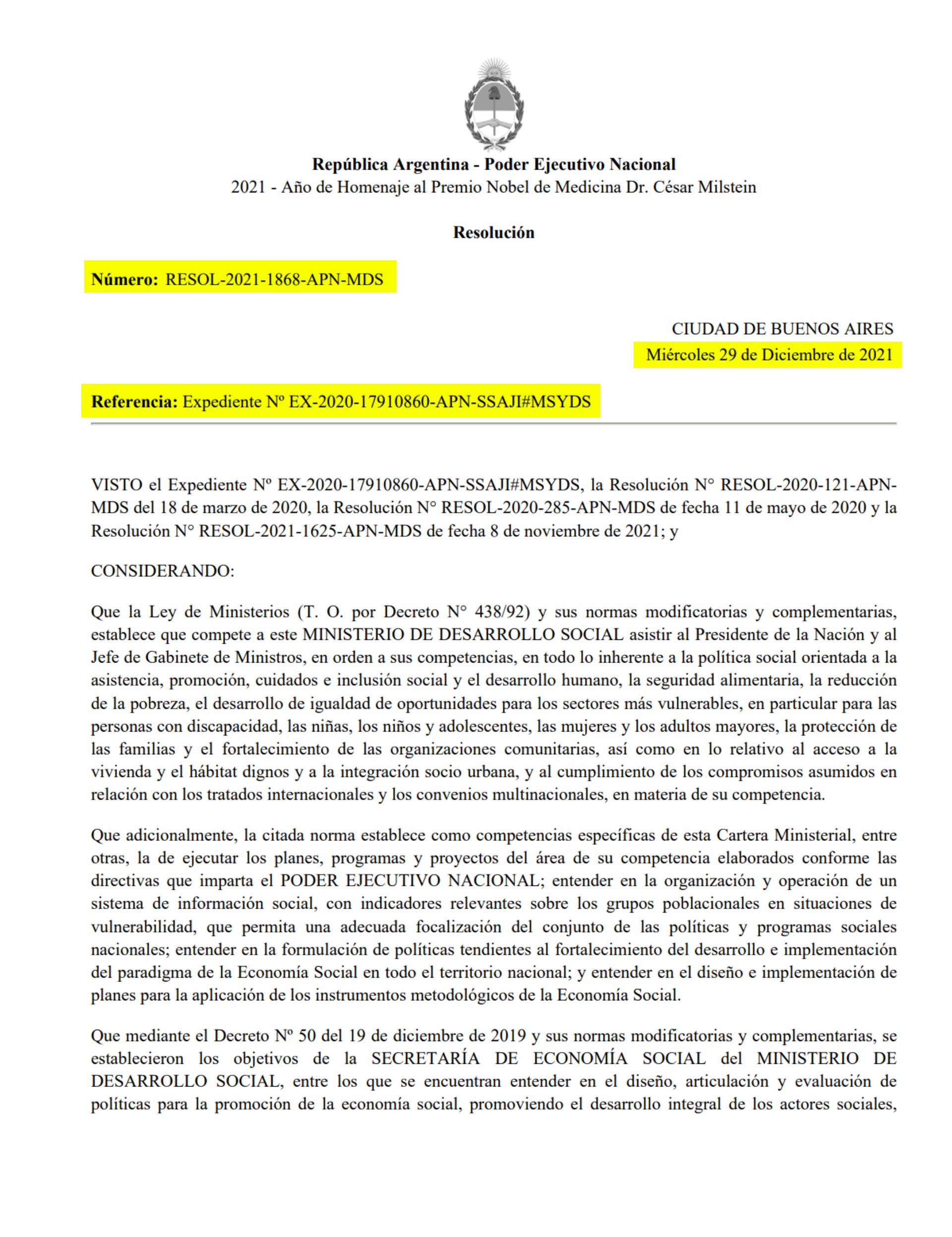 La resolución del 29 de diciembre del año 2021 firmada por Juan Zabaleta que permite que un beneficiario del Potenciar Trabajo de cambie de Unidad de Gestión