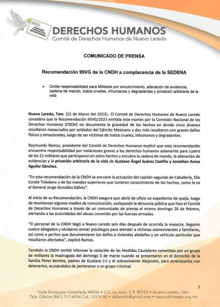 El Comité de Derechos Humanos de Nuevo Laredo aseguró que es probable que la recomendación emitida por la CNDH haya sido redactada por la Sedena