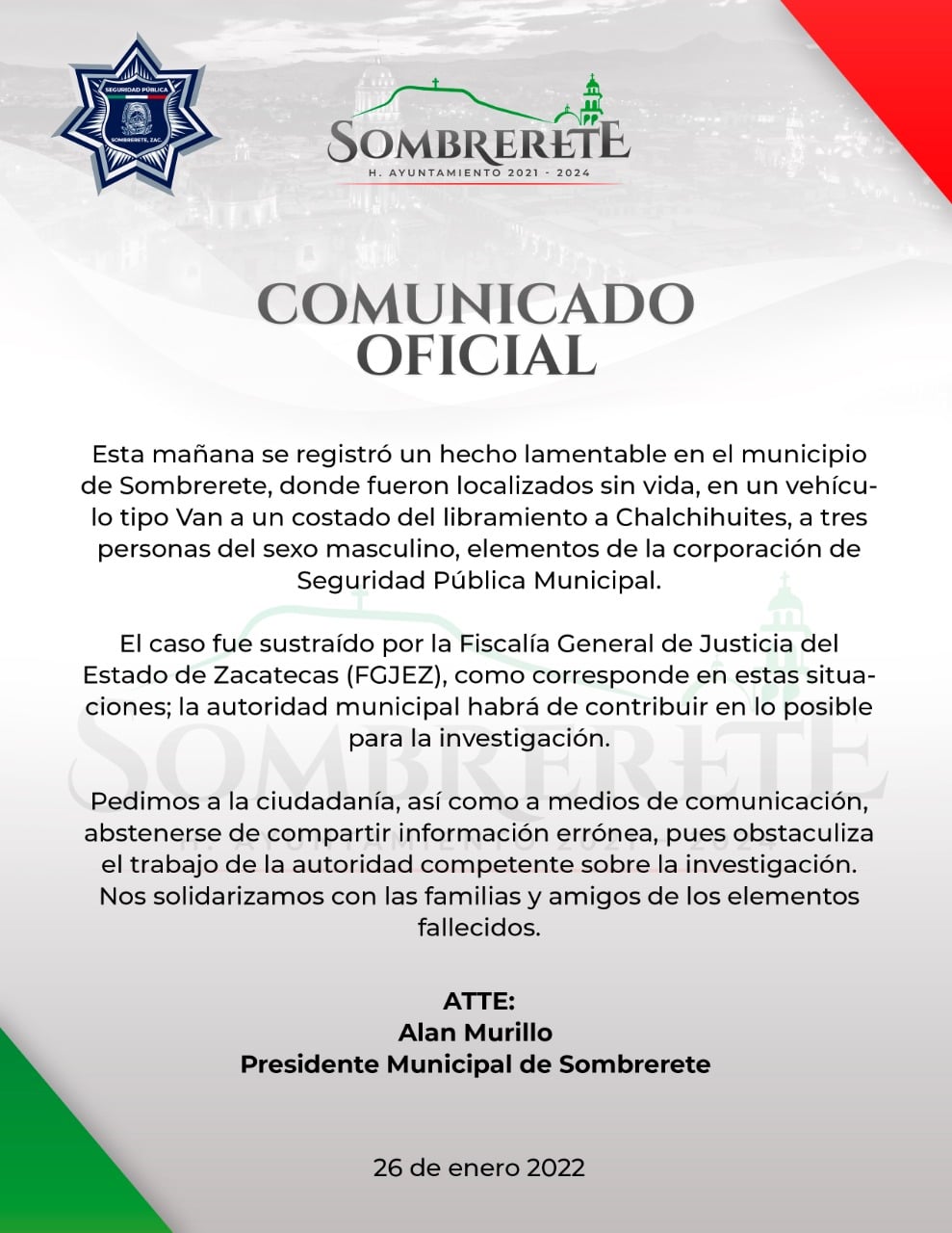 El edil de Sombrerete lamentó los asesinatos (Foto: Facebook/Alan Murillo)