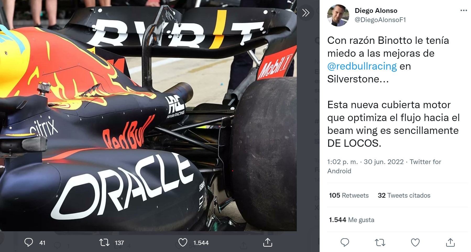 Red Bull implementará una nueva cobertura de motor a partir del GP de Gran Bretaña 2022 (Foto: Twitter/@DiegoAlonsoF1)