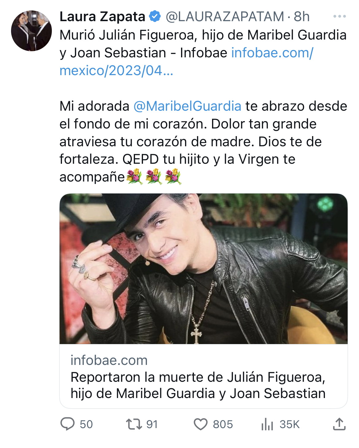 La actriz Laura Zapata compartió información sobre el deceso de Julián Figueroa (Captura de pantalla Twitter @LAURAZAPATAM)