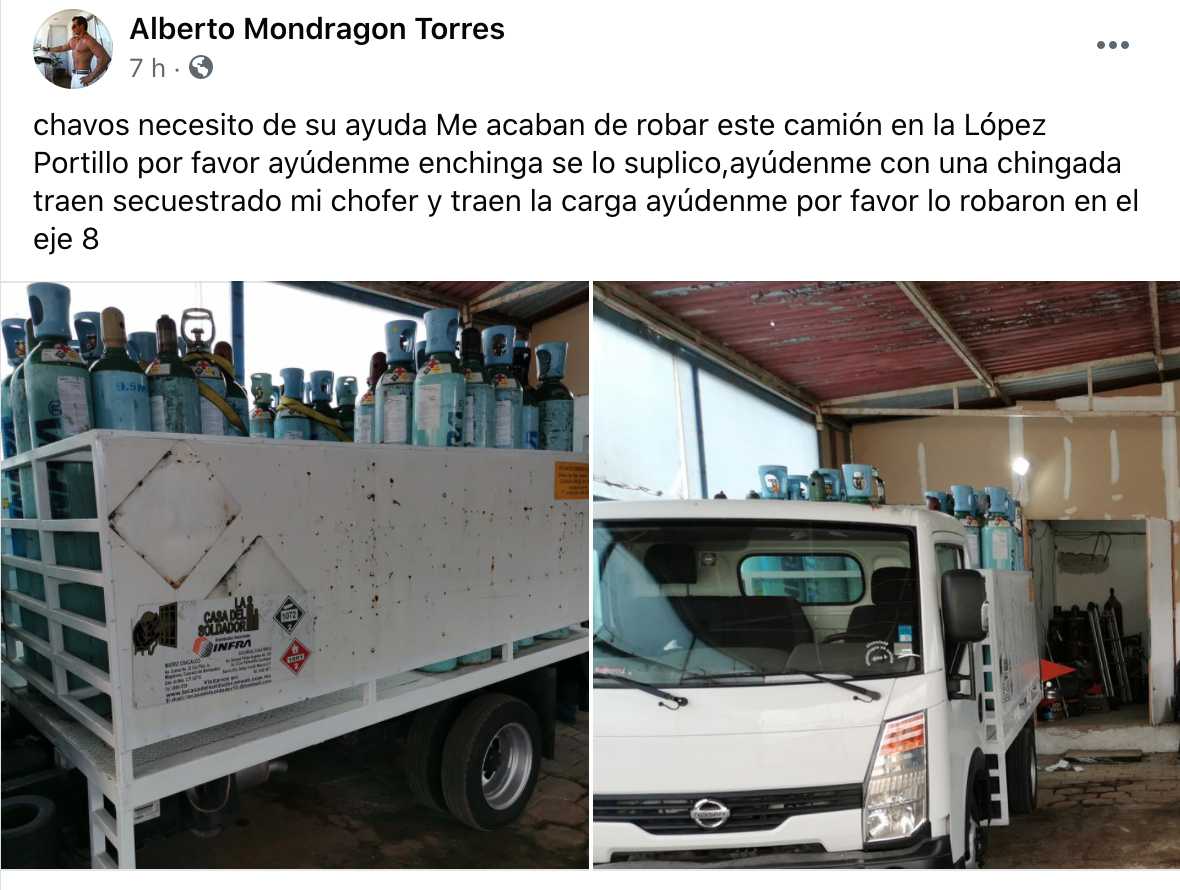 El presunto propietario del vehículo anunció el suceso en redes sociales (Foto: Facebook@Alberto Mondragon Torres)