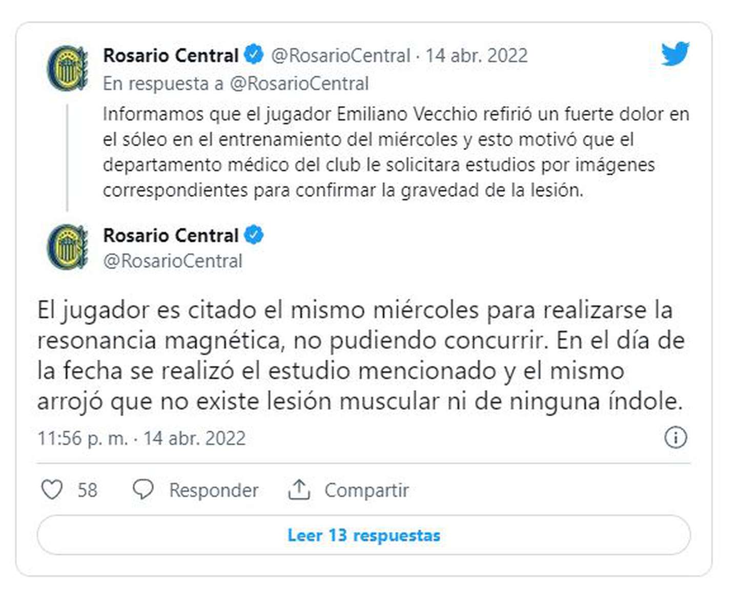 Nell'aprile di quest'anno Rosario Central ha accusato Vecchio di fingere un infortunio