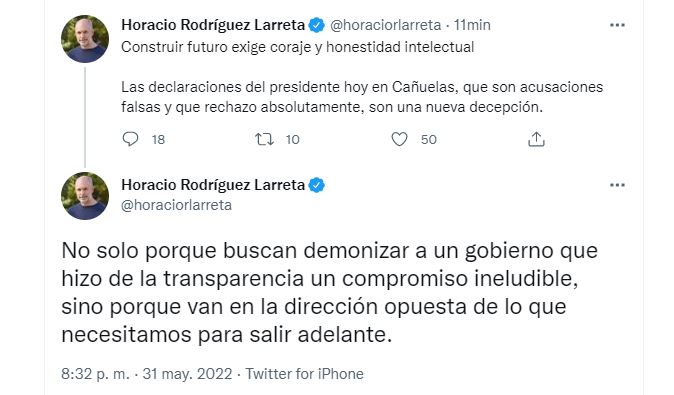 Tuit de Horacio Rodríguez Larreta en repudio a las declaraciones de Alberto Fernández