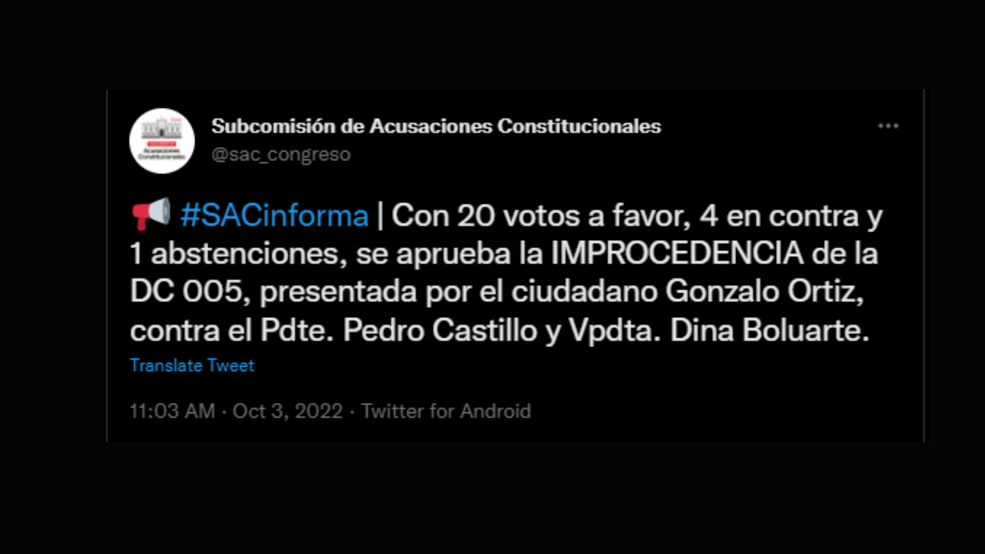 Twitter de la Subcomisión de Acusaciones Constitucionales.