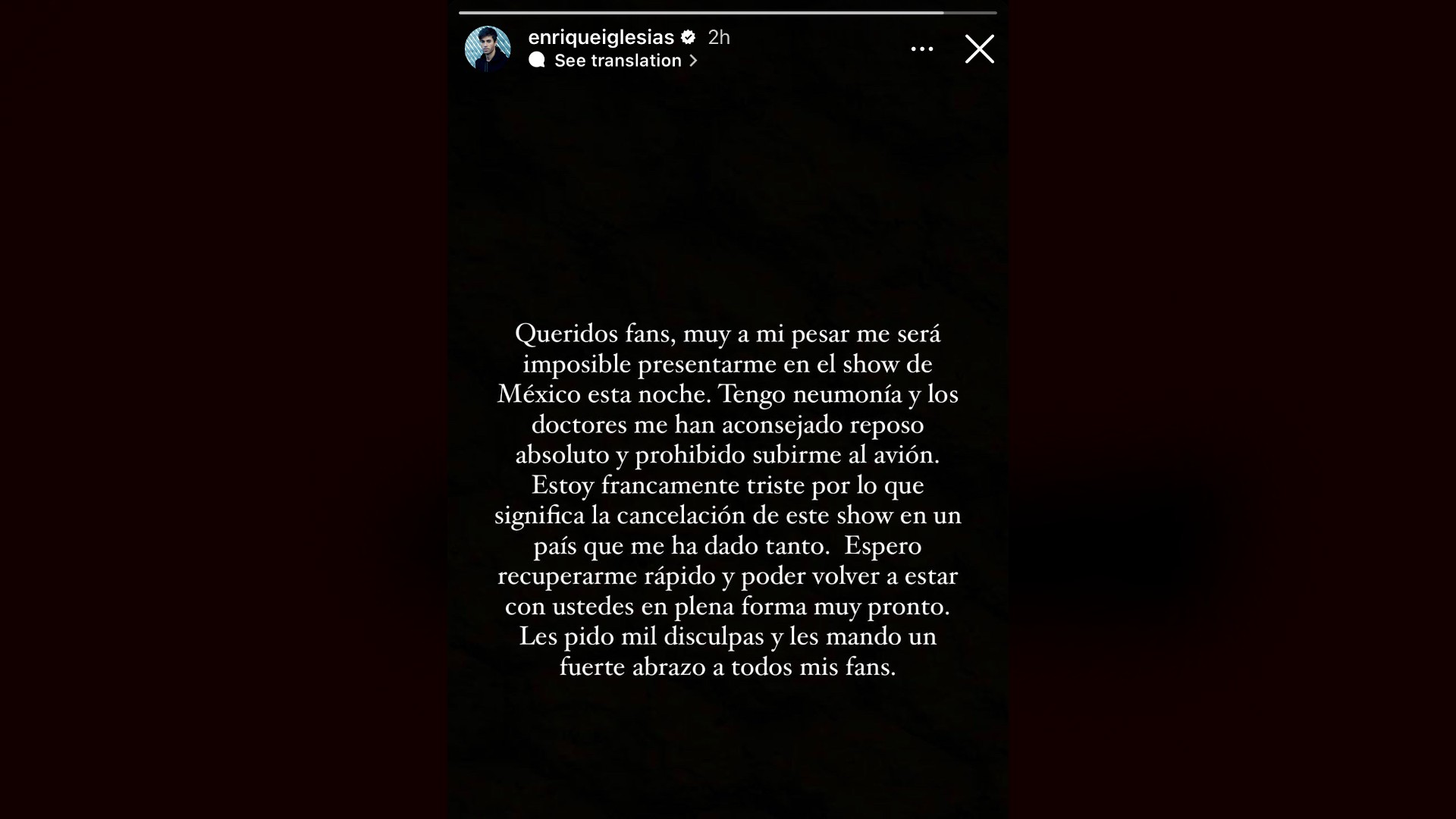 Enrique Iglesias cancela presentación en Tecate Emblema. El cantante explicó los motivos en sus redes sociales. Imagen: @enriqueiglesias.