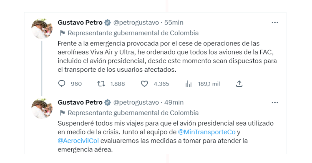 El presidente anunció que el avión presidencial ahora funcionará para transportar a los viajeros afectados por Ultra Air. Créditos: @petrogustavo/Twitter