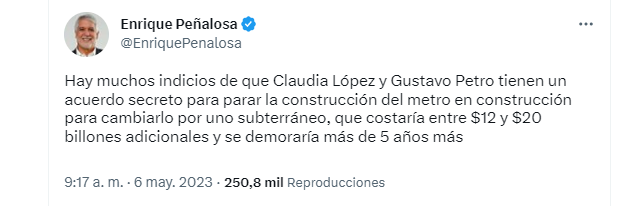 Peñalosa aseguró que el presidente y la alcaldesa de Bogotá tienen un acuerdo para parar la construcción del metro. Twitter.
