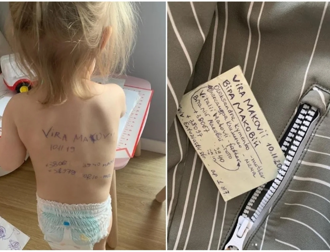 El miedo de una madre ucraniana a perder a su hija, Vira, hizo que le escribiera en su propio cuerpo el nombre y en una tarjeta adosada a su abrigo, los datos de cómo conectarla con familiares. (Twitter)