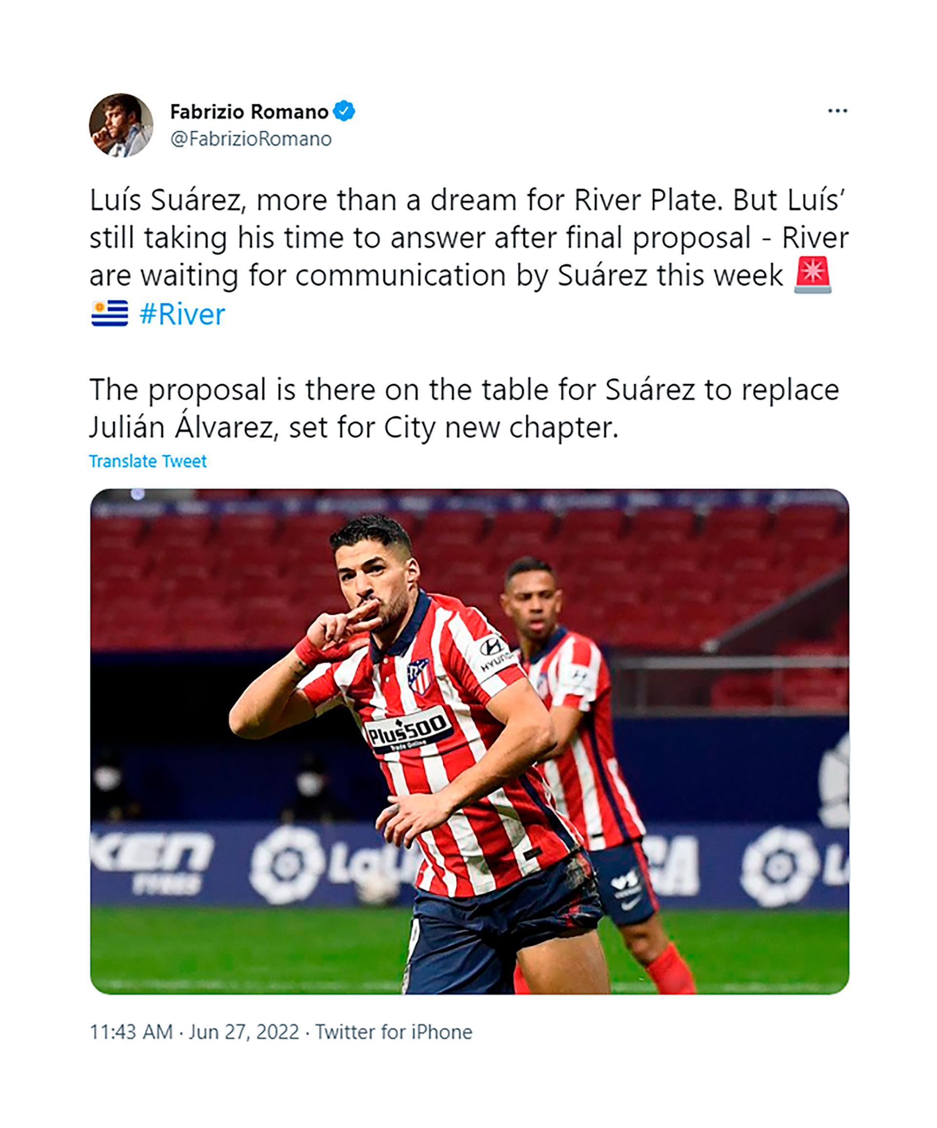 El posteo de Fabrizio Romano sobre la posible llegada de Luis Suárez a River Plate