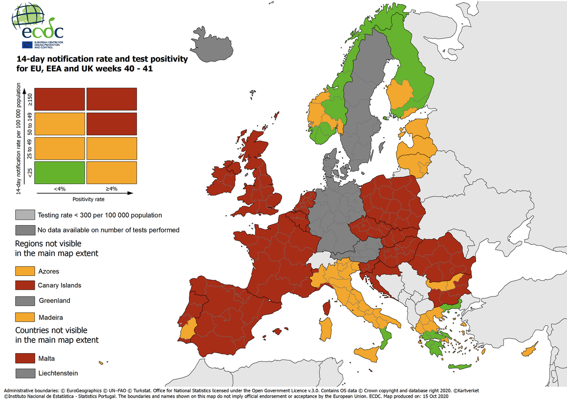 El mapa publicado por el Centro Europeo para el Control de Enfermedades