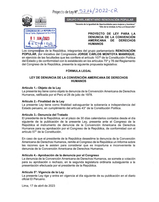 Proyecto de ley para que el Perú se salga de la Corte IDH.