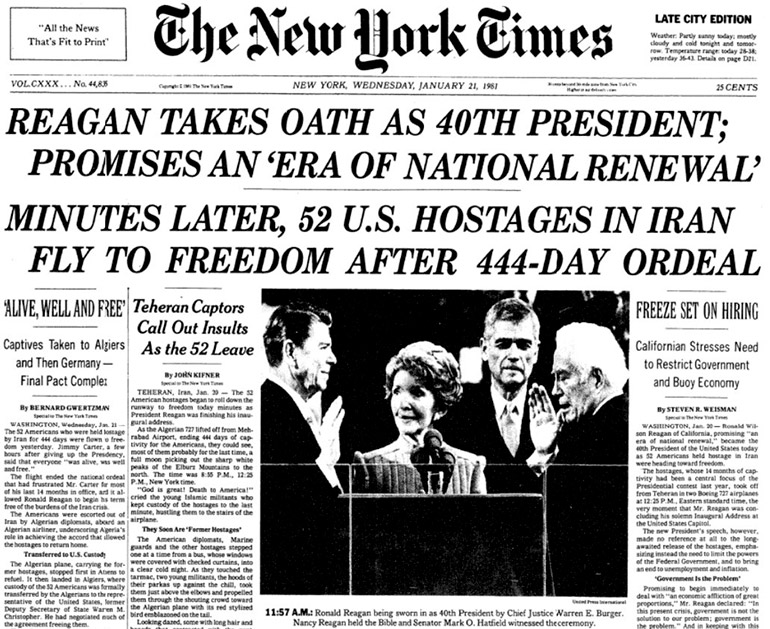 Noticias de la liberación de los rehenes minutos después de que Reagan jure como presidente 