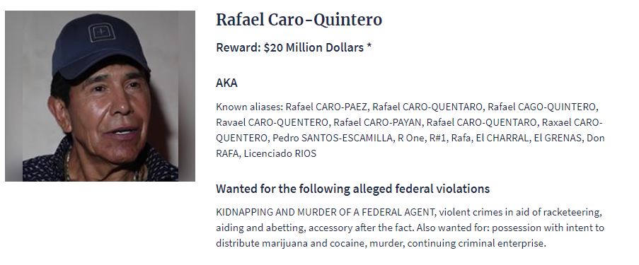 La ficha de recompensa por la captura de Rafael Caro Quintero, "El Narco de Narcos" (Foto: DEA. gov)