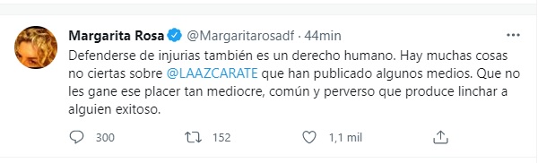 Post en Twitter de Margarita Rosa de Francisco. Foto: @margaritarosadf