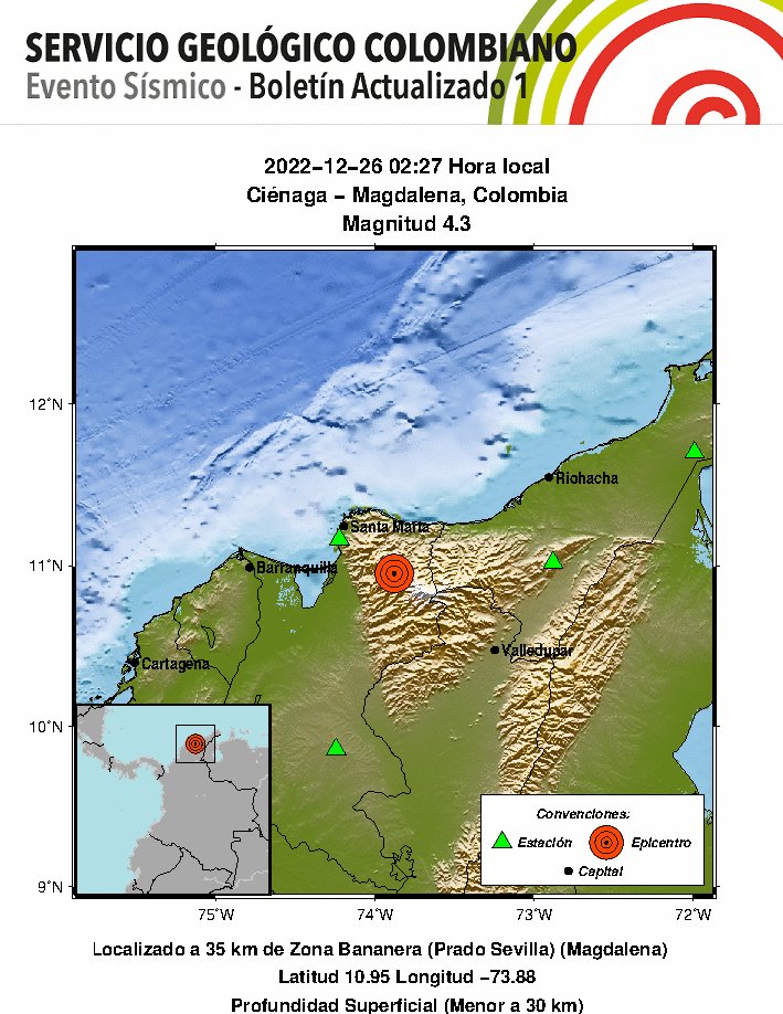 Reporte del Sistema Geológico sobre el temblor en la costa caribe este lunes 26 de diciembre de 2022.