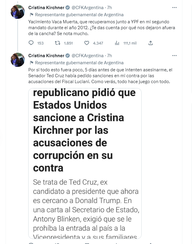 Cristina Fernández apuntó contra Estados Unidos por querer proscribirla