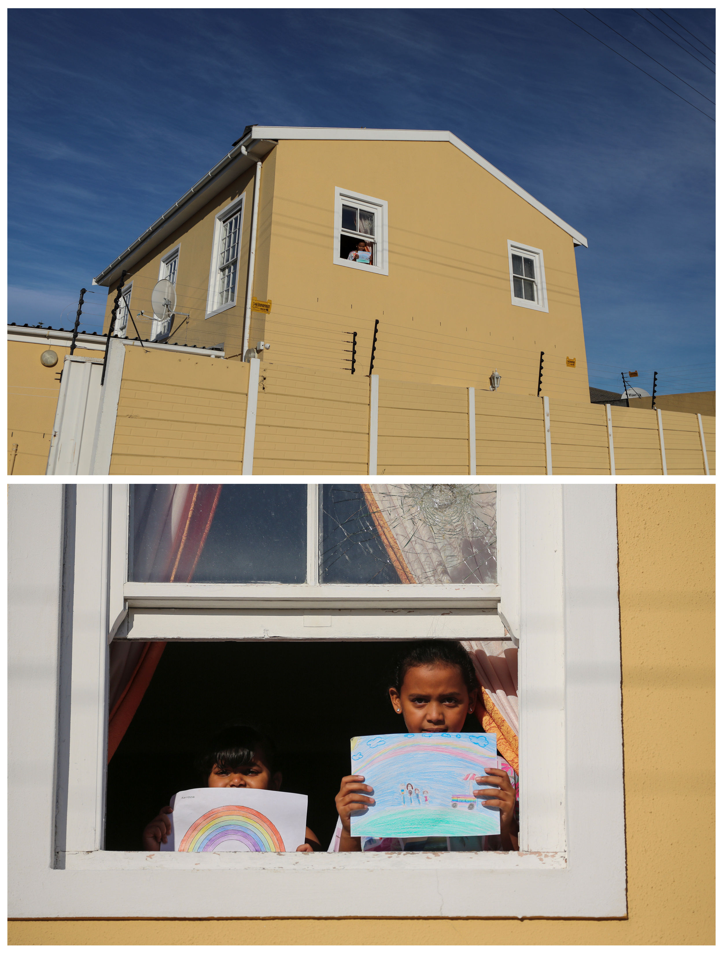 Un montaje fotográfico muestra a Hanaa Moos, 9, posando para una foto mientras sostiene un dibujo que hizo durante el brote de coronavirus, en una ventana de su casa en Ciudad del Cabo, Sudáfrica, el 19 de abril de 2020.