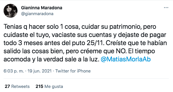 Gianinna Maradona apuntó contra Matías Morla (Foto: @gianmaradona)