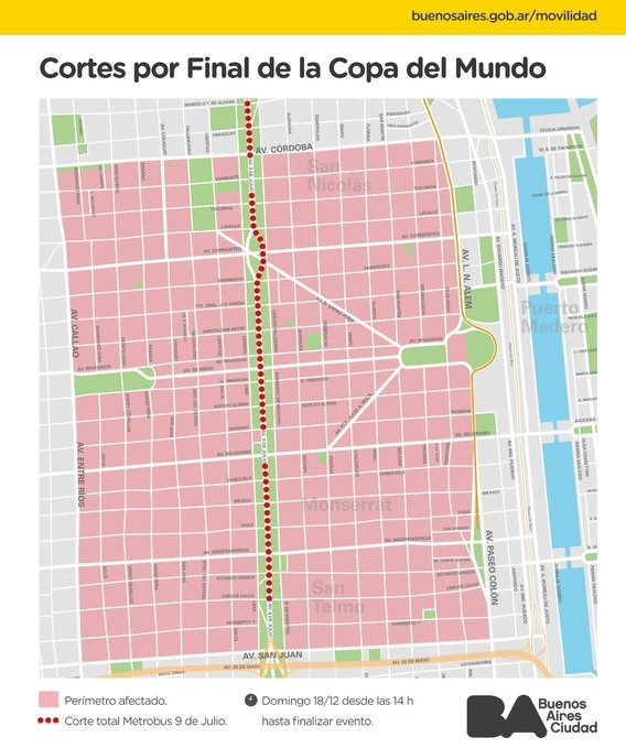La zona de color rojo será el perímetro afectado por cortes (Fuente: Gobierno de la Ciudad de Buenos Aires)