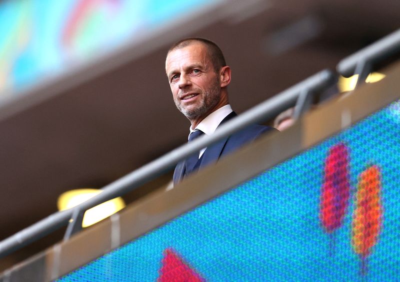 FILE PHOTO: Soccer Football - Euro 2020 - Semi Final - England v Denmark - Wembley Stadium, London, Britain - July 7, 2021 UEFA President Aleksander Ceferin in the stands before the match Pool via REUTERS/Catherine Ivill