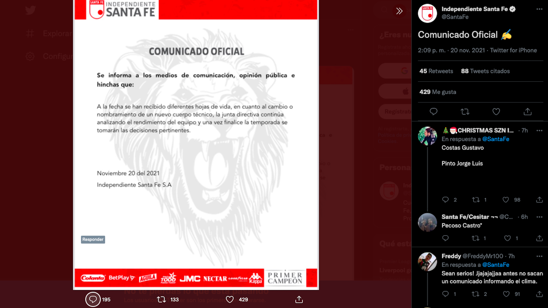 Contratación de nuevo director técnico al interior de Independiente Santa Fe / (Twitter: @SantaFe)