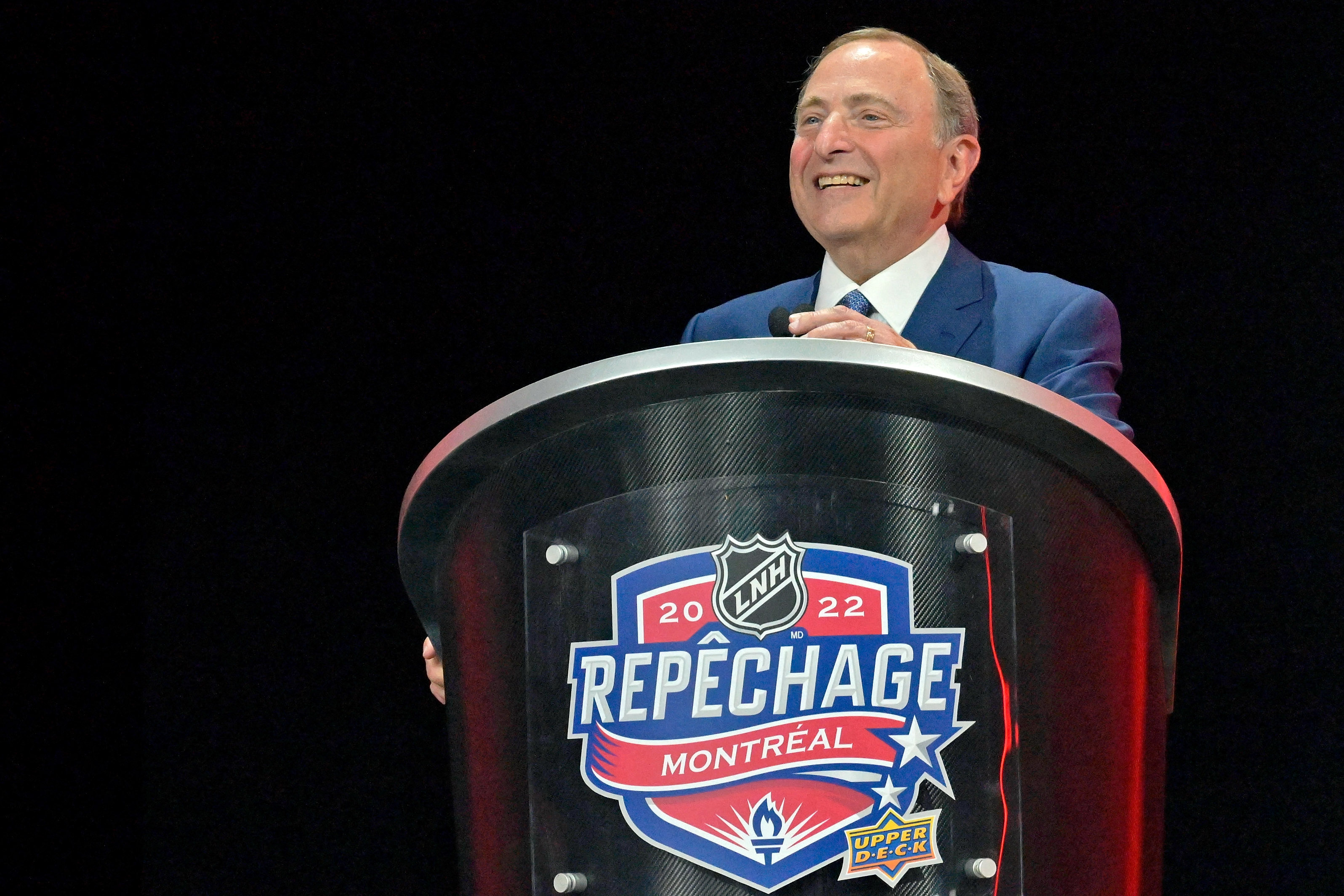 Jul 7, 2022; Montreal, Quebec, CANADA; NHL commissioner Gary Bettman speaks during the first round of the 2022 NHL Draft at Bell Centre. Mandatory Credit: Eric Bolte-USA TODAY Sports