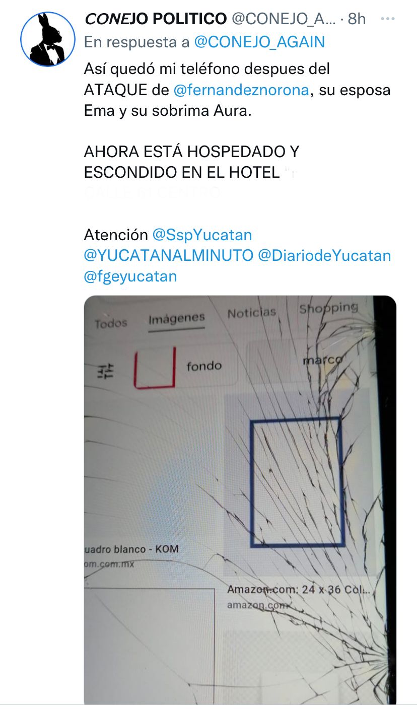 El youtuber identificado como Conejo Político denunció que tras los empujones recibidos por el legislador y su familia su celular quedó estrellado de la pantalla (Foto: Twitter / @CONEJO_AGAIN)
