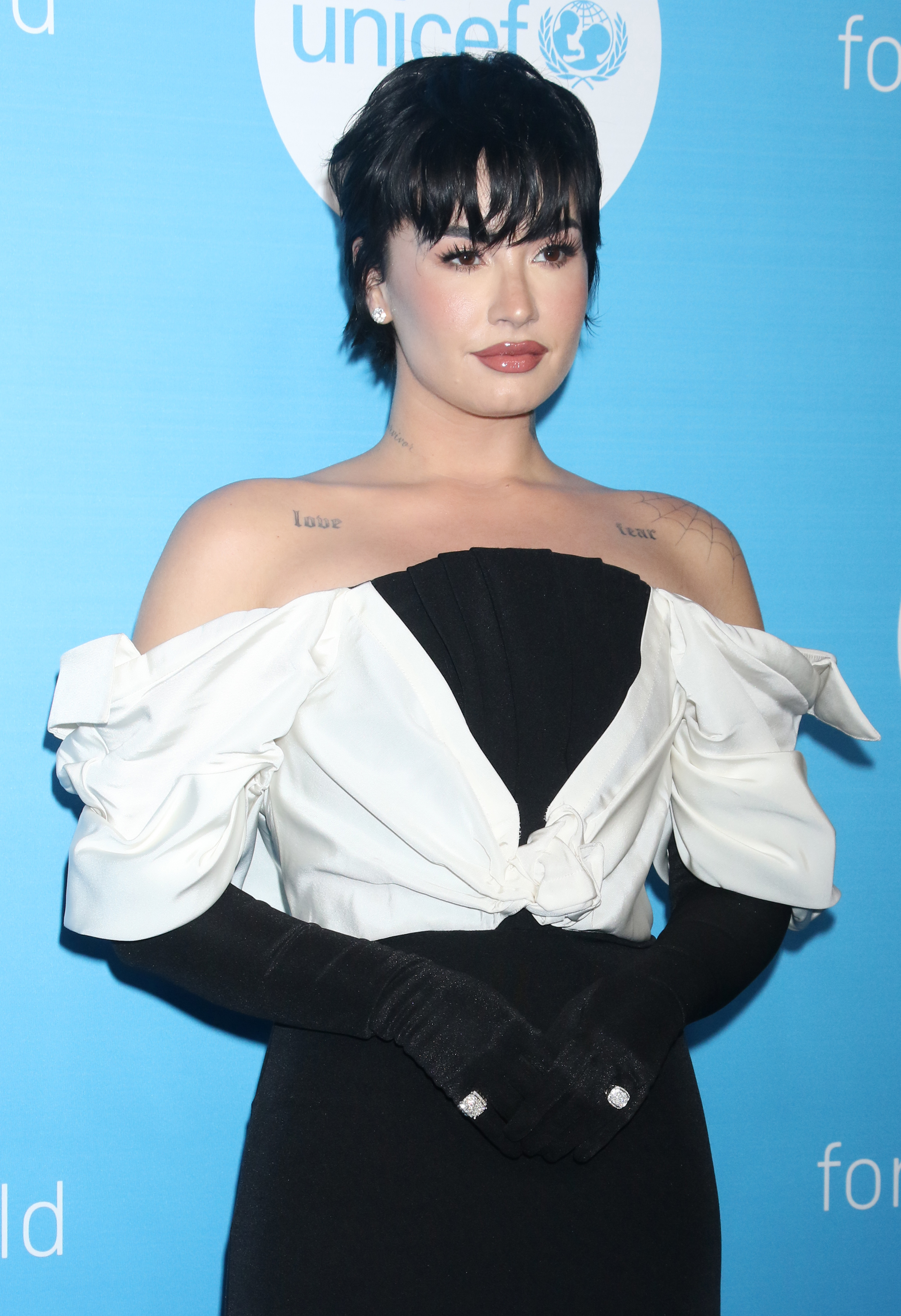 Demi Lovato lució súper elegante en la Gala de UNICEF en The Glasshouse en la ciudad de Nueva York. La cantante vistió un diseño bicolor blanco y negro con hombros caídos y cubrió sus manos con dos largos guantes negros