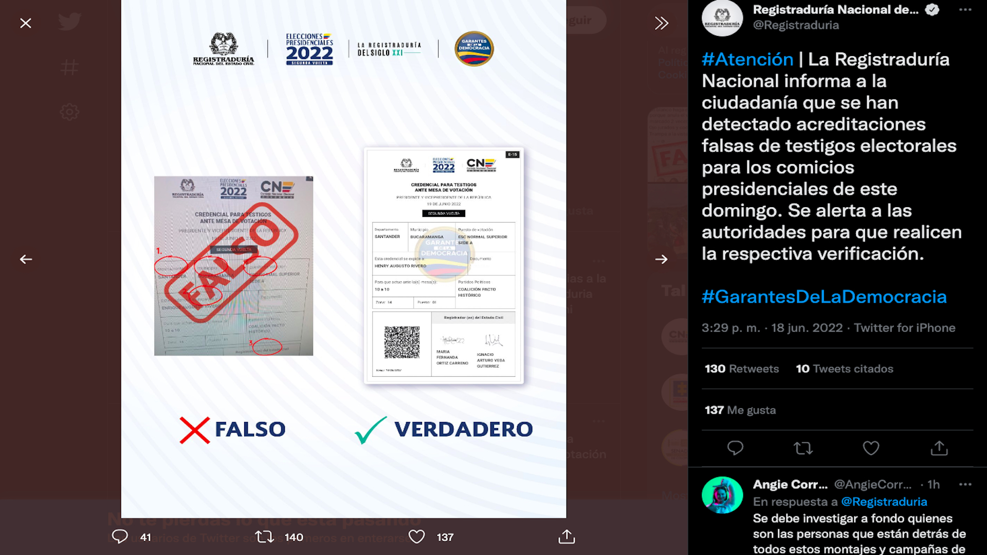 Falsas acreditaciones estarían circulando en Internet un día antes de la segunda vuelta en las elecciones presidenciales 2022 - 2026 de Colombia / (Twitter: @Registraduria)