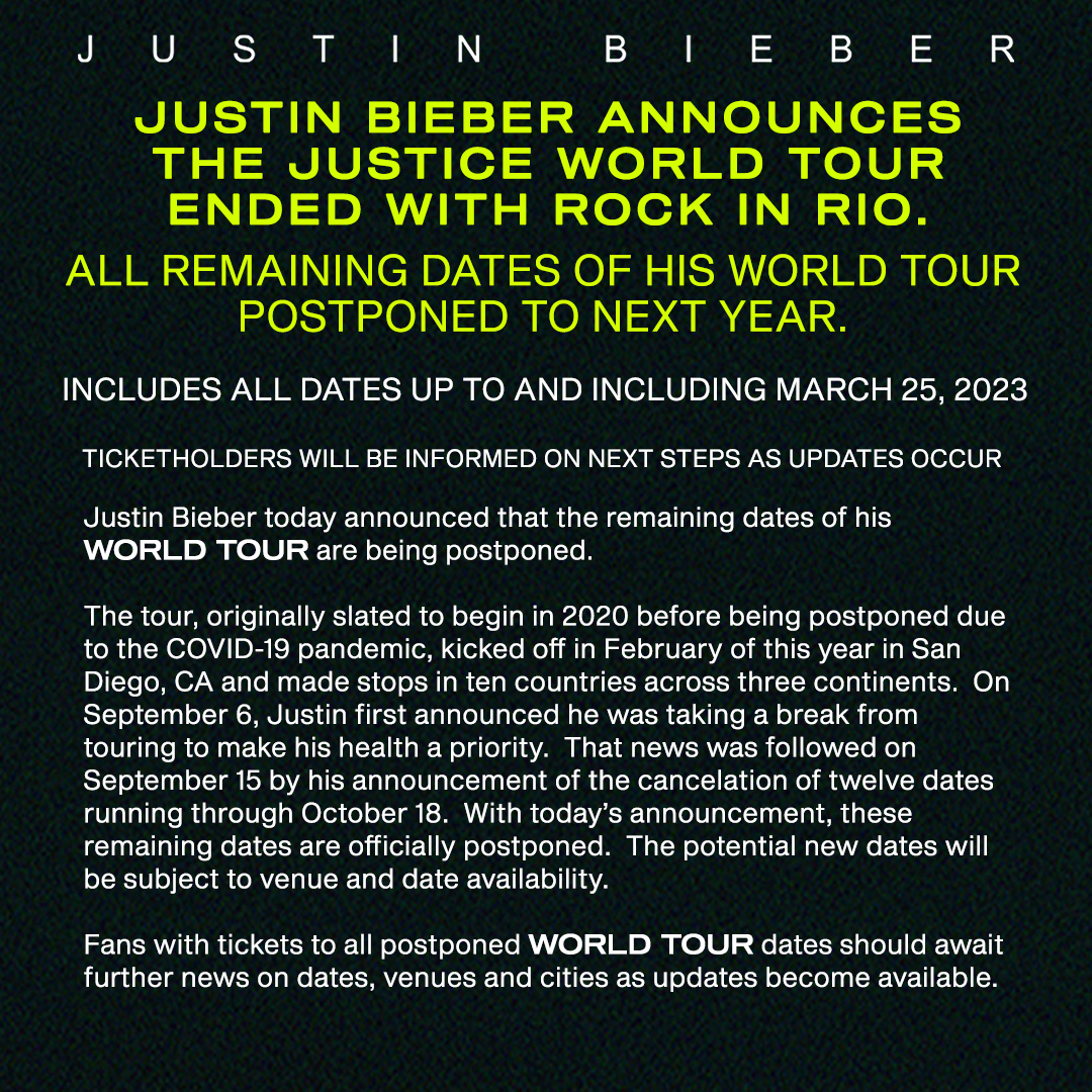 A declaração do promotor sobre o cancelamento dos shows de Justin Bieber (Twitter: @DoctorMusicTuit)