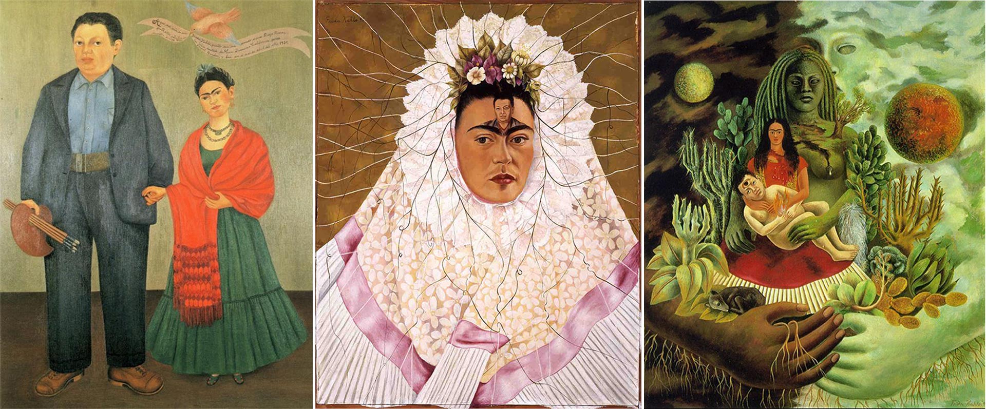 "Frieda Kahlo y Diego Rivera" (1931), realizado tras casarse por primera vez; "Diego en mi pensamiento (1943), la otra obra con el muralista dentro de la pintora y "El abrazo de amor de El Universo, la tierra, Yo, Diego y el señor Xólotol" (1949), todas de Kahlo 