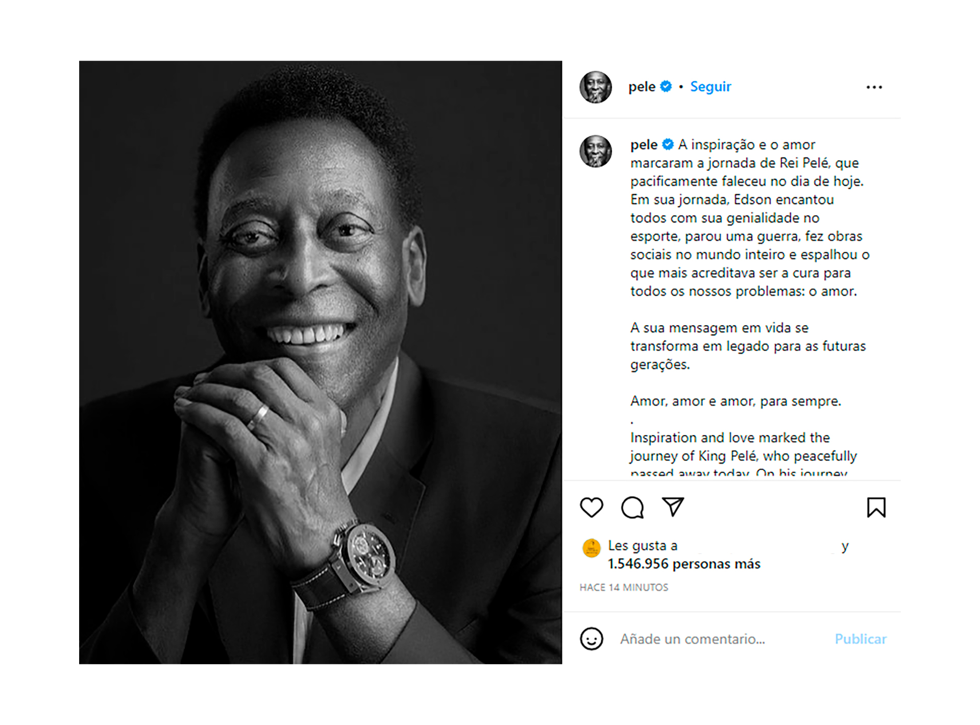 El posteo de la cuenta de Pelé minutos después de su muerte (Instagram)