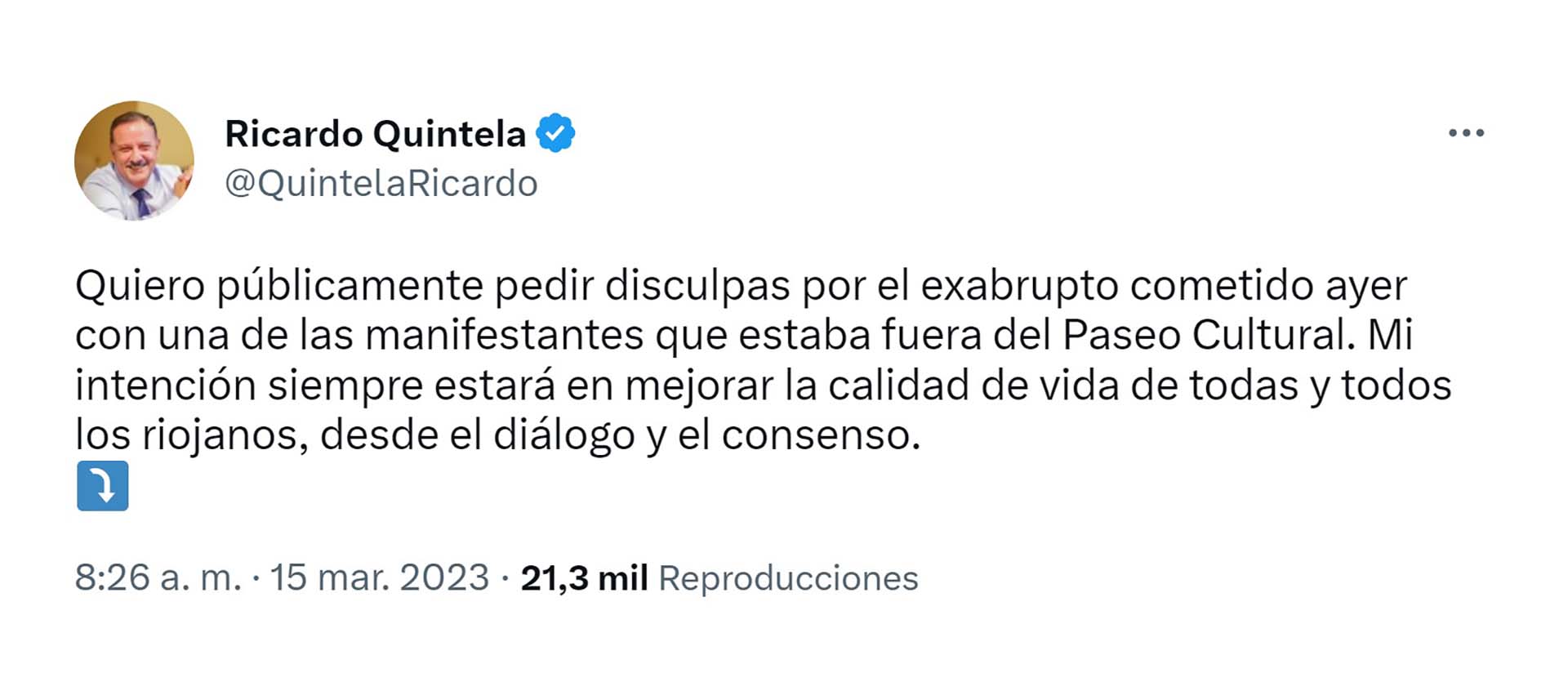 El pedido de disculpas del gobernador Ricardo Quintela (@QuintelaRicardo)