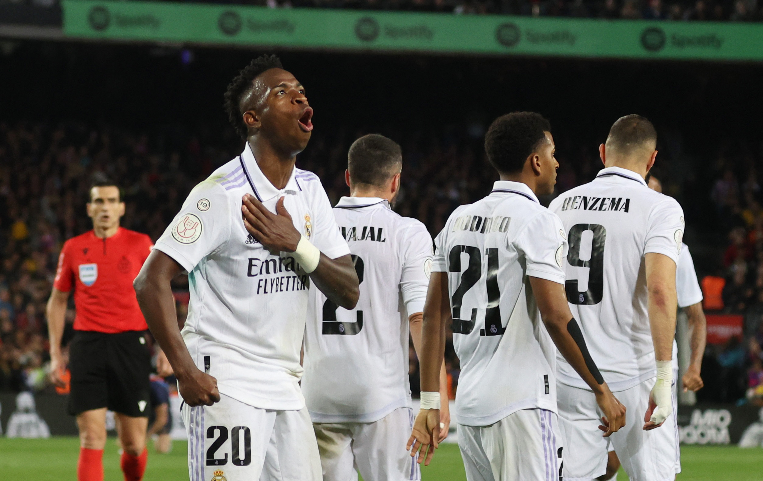 El festejo de Vinícius Jr. en el primer gol del encuentro para Real Madrid (REUTERS/Nacho Doce)