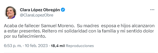 Clara López se pronunció luego del fallecimiento de Samuel Moreno