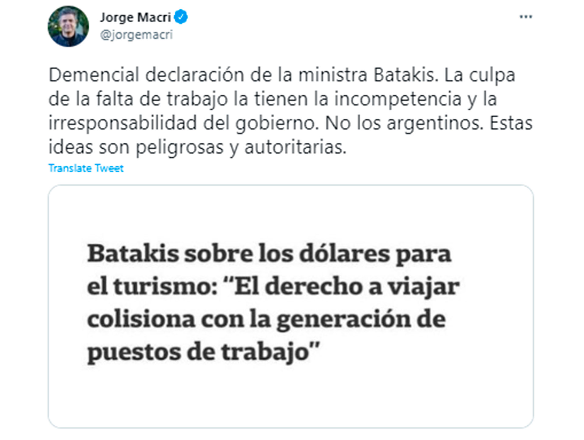 Jorge Macri se pronunció desde su cuenta de Twitter