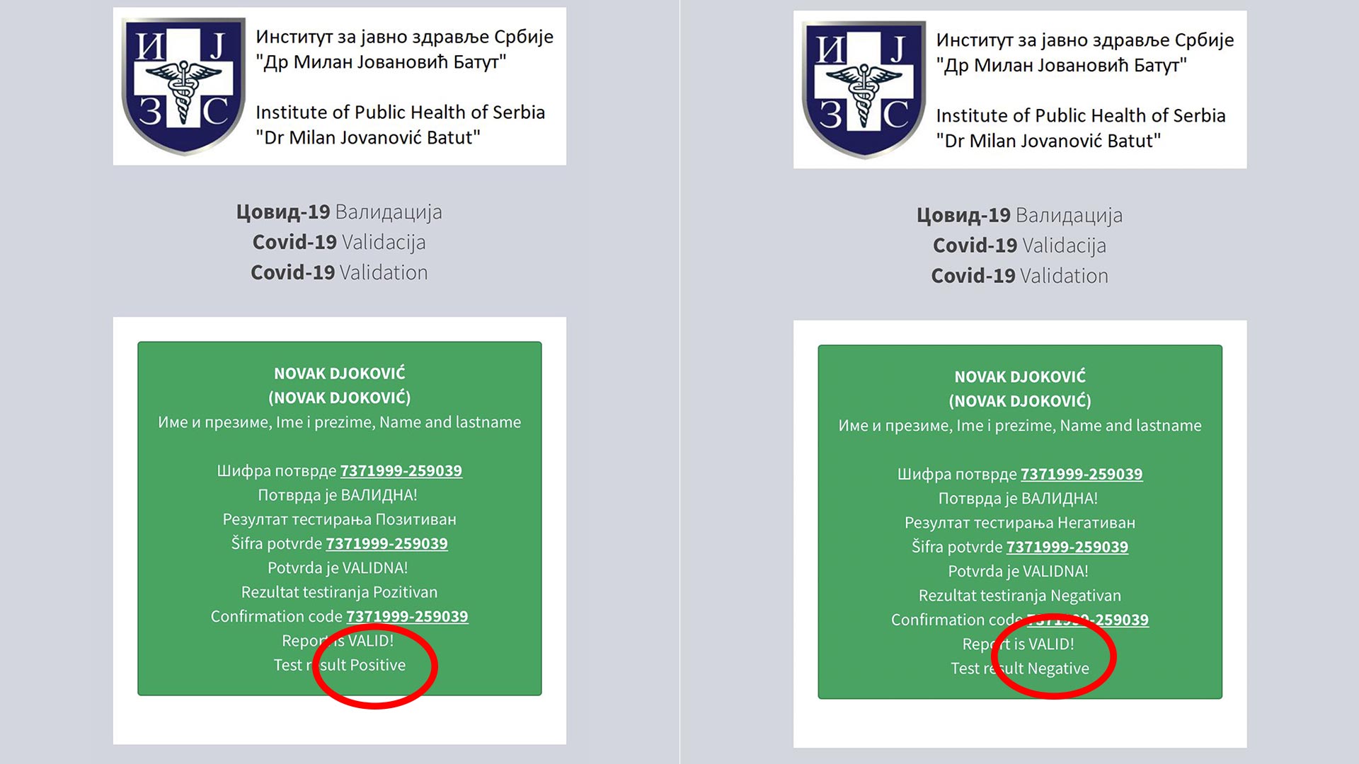En uno de los escaneos del código QR de la prueba PCR de Djokovic, el periodista mostró el resultado positivo. Pero también le figuró como "negativo".