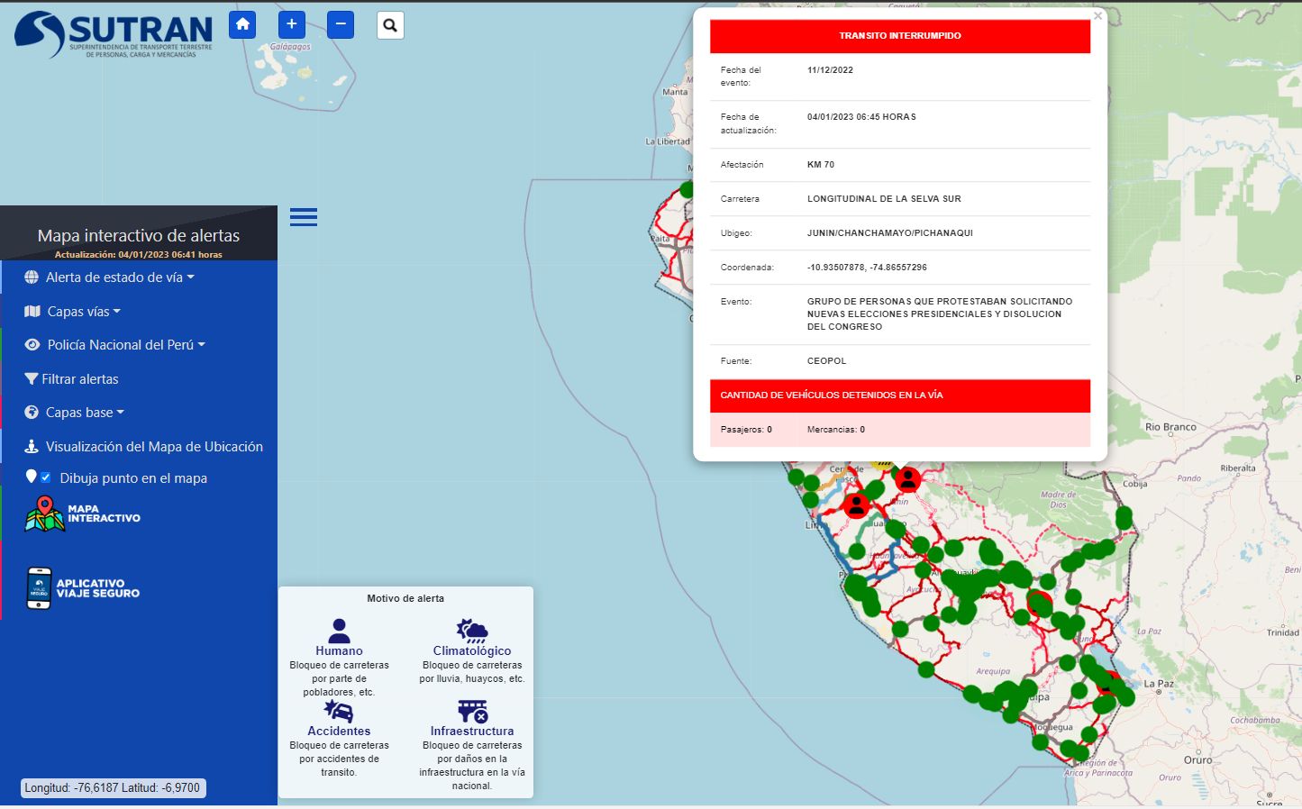 Mapa de la situación de las carreteras y vías del país por protestas