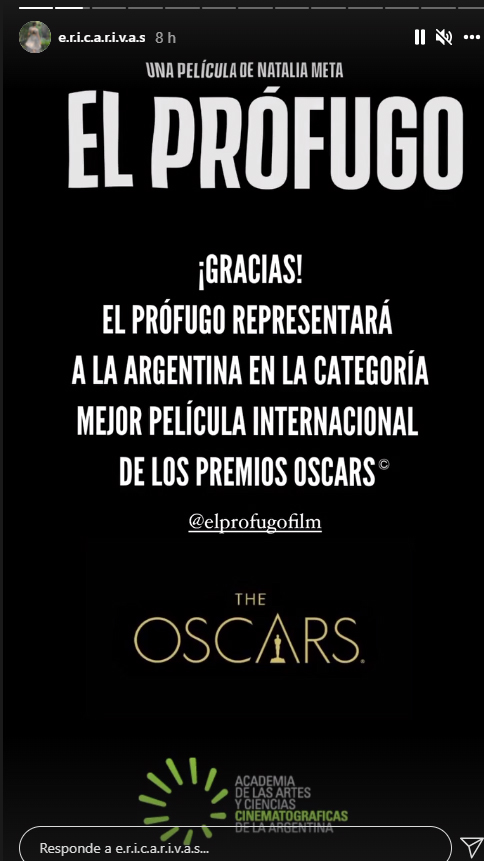 El Prófugo fue seleccionada para representar a la Argentina en la categoría de mejor película internacional, pero será la  }Academia de Hollywood la que defina si ingresa en la terna y lo anunciará el 21 de diciembre