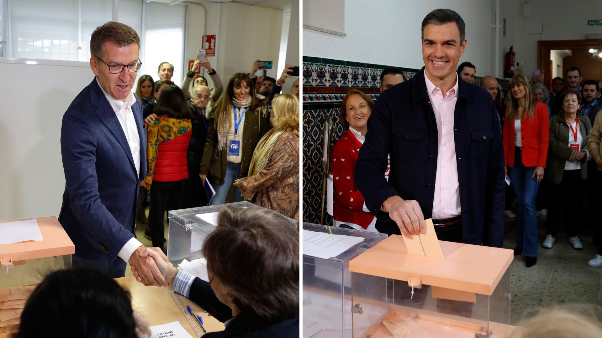 Alberto NÃºÃ±ez FeijÃ³o, presidente del Partido Popular, y el presidente de gobierno espaÃ±ol, el socialista Pedro SÃ¡nchez ejercen su derecho a voto en las elecciones del 28M (EFE).