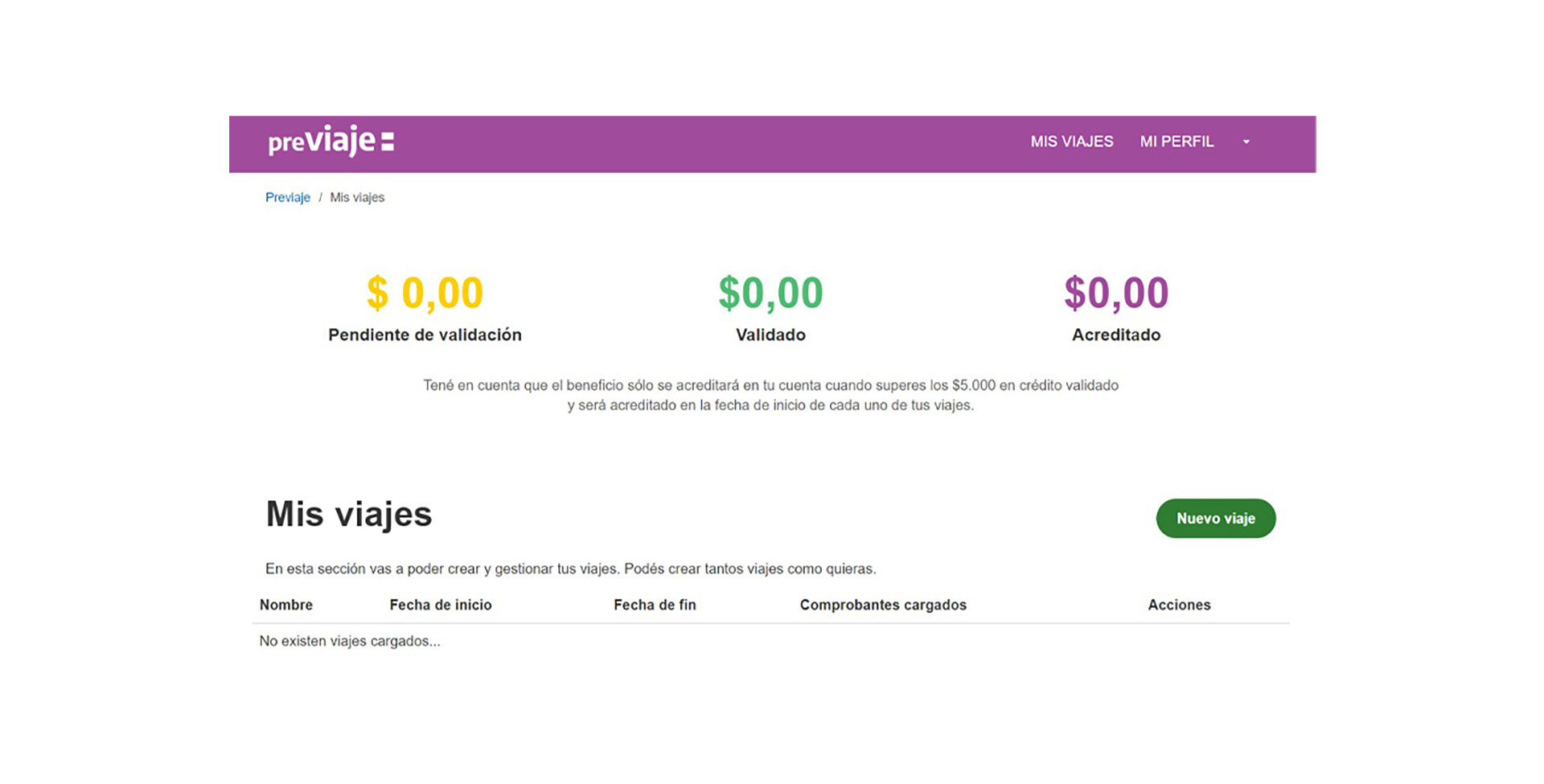 Image of the official site that allows the start of the process to enter the receipts and obtain credit for the partial reimbursement of travel expenses