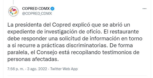 La Copred indicó que de acreditarse los presuntos actos discriminatorios, Sonora Grill podría ser multada (Foto: Twitter@COPRED_CDMX)