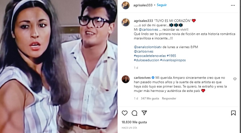 “Qué lindo ser tu primera novia de ficción”, Amparo Grisales tras revivir foto con Carlos Vives en una novela. Foto: Instagram @agrisales333