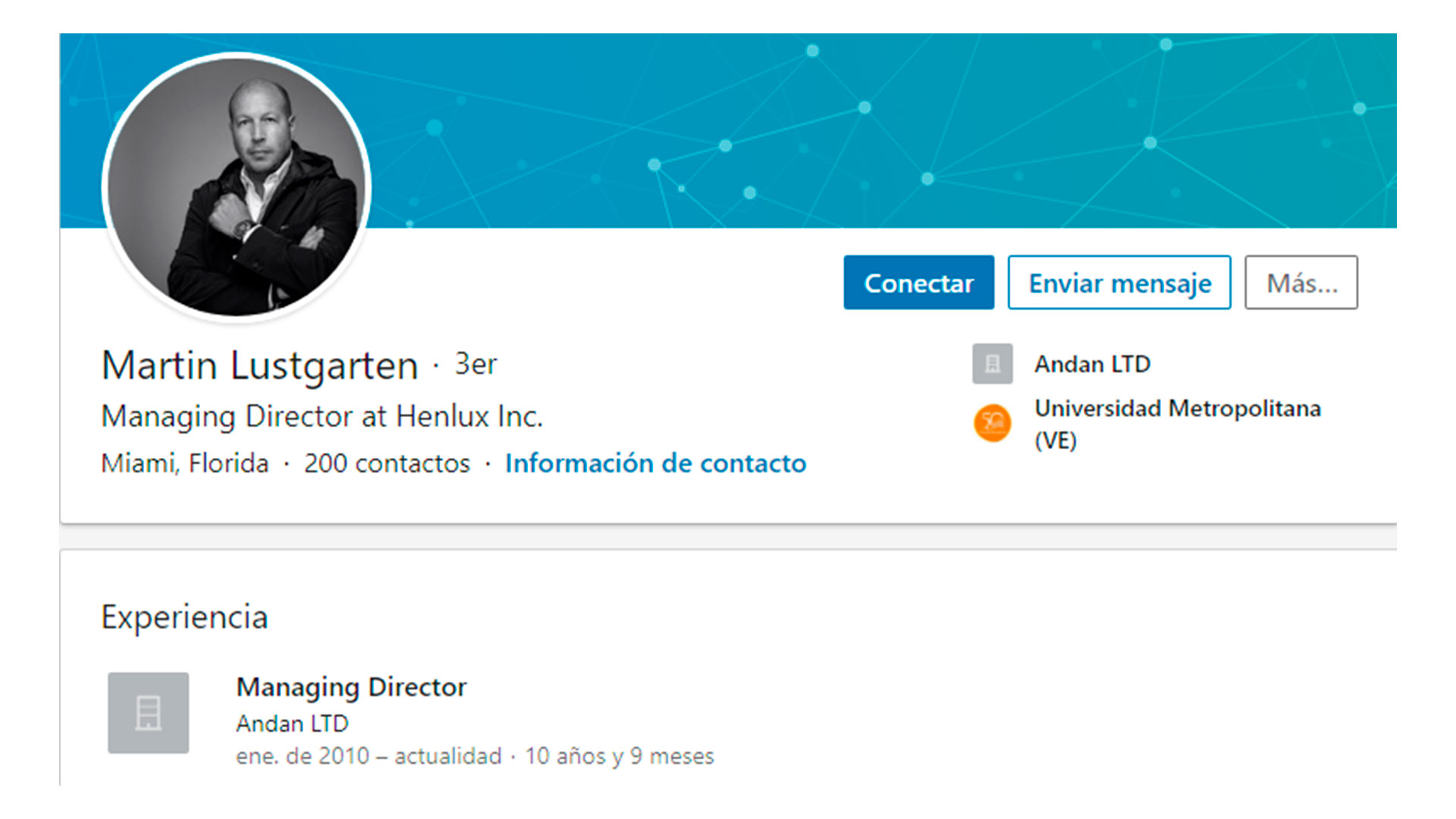 El perfil de Linkedin de Lustgarten, donde se presenta como director de Anda Ltd, una firma que tuvo transacciones con Mercantil Valores que despertaron sospechas volcadas en un SAR emitido en 2015.