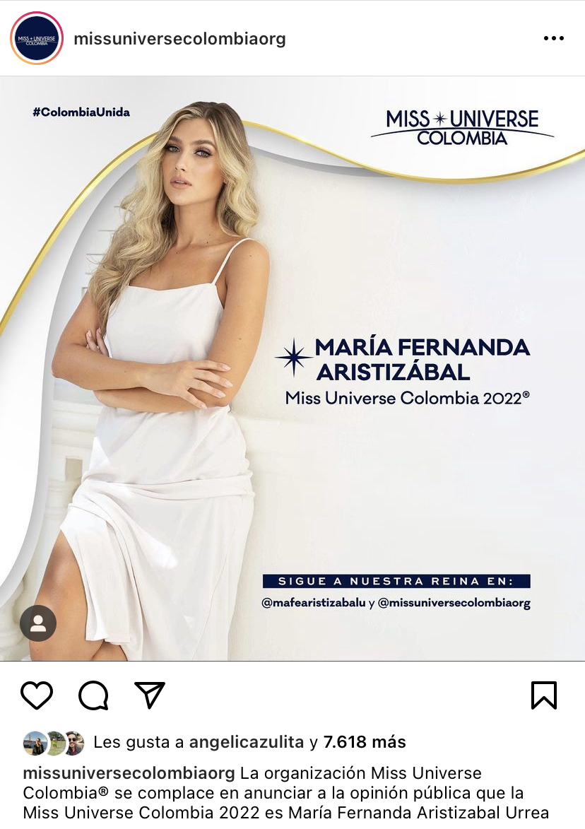 María Fernanda Aristizabal es anunciada como la nueva representante por Colombia al concurso de Miss Universo. Tomada de Instagram @missuniversecolombiaorg